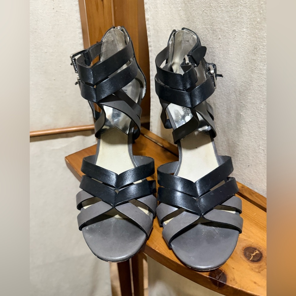 Michael Kors Double Buckle Strappy Heel Sandals in black and grey leather